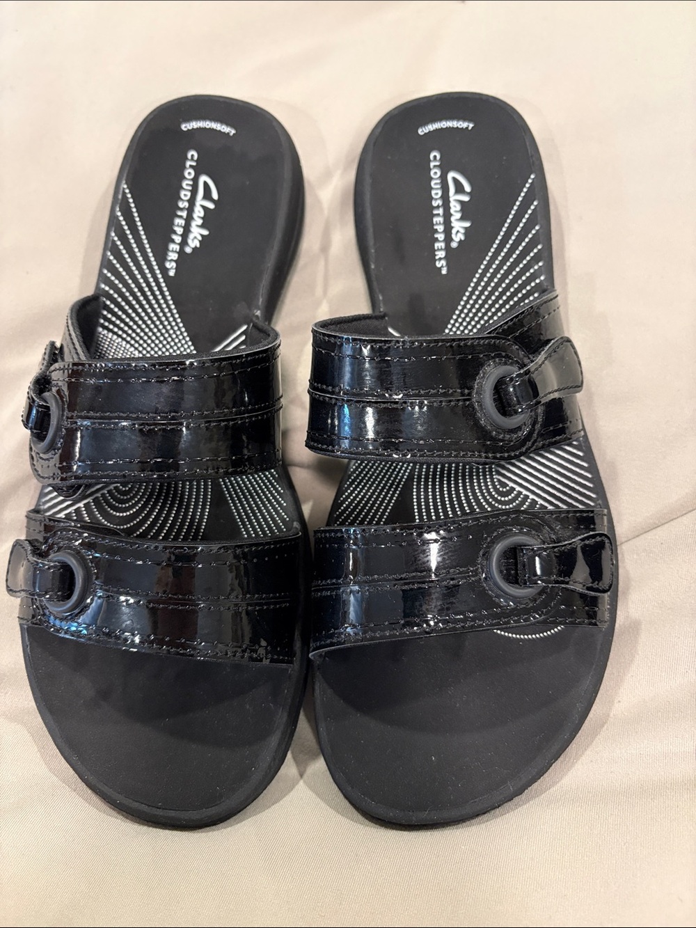 Clarks Black Patent Double-Strap Cloudsteppers Slide Sandals